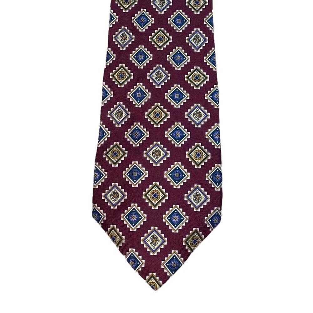 Tommy Hilfiger Geometric Medallion Silk Necktie Burgundy Blue‎ Gold